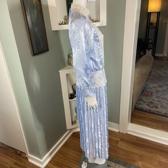 Vintage 80s 90s Scott McClintock Satin Lace Brocade Jacquard Pleated Dress - Picture 5 of 12